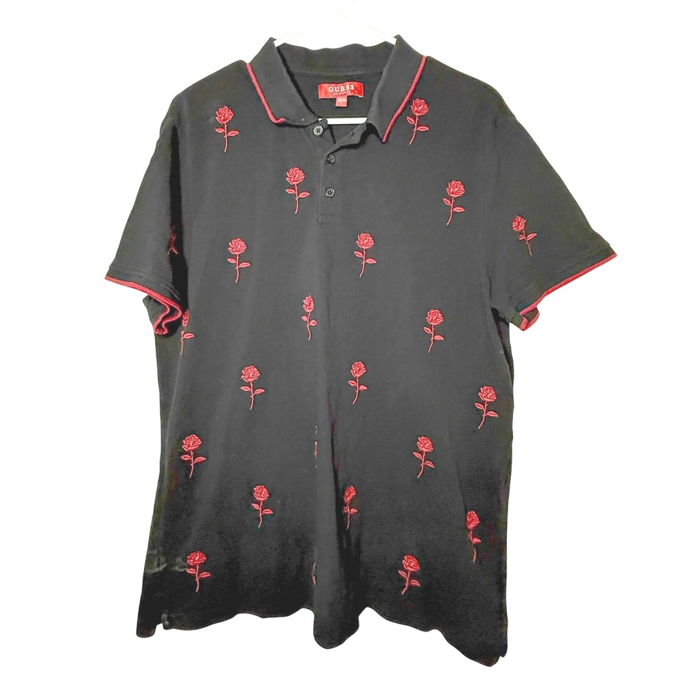 Guess Polo Shirt Mens L Black Red Rose Embroidered Short Sleeve Streetwear